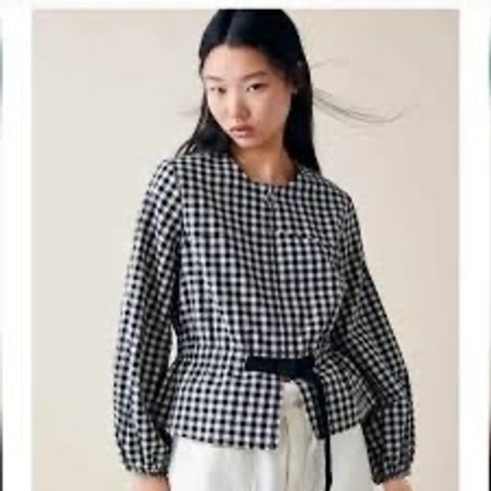 Zara Gingham Cotton Linen Zip Up Belted Jacket Black White XL Peplum Top Preppy
